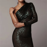 Shiny Short Long Sleeve Loose Club Party Elegant One Shoulder Wrap Chest Evening For Dress